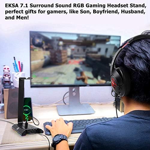 EKSA Headphone Stand, RGB Gaming Headset Stand for Desk with 7.1 Surround Sound, Headphone Holder with 3.5mm Aux and 2 USB Ports, Aluminum PC Gamer Headset Accessories for All Headphones Size - Image 7