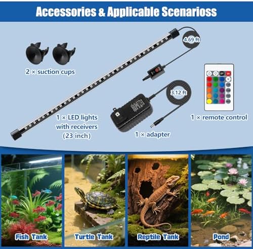 LED Aquarium Light with IP68 Waterproof and Memory Function Submersible Fish Tank Light with Remote and 16 Colors 23 Inches Brightness Adjustable Underwater Light Bar for Fish Tank Aquarium - Image 7
