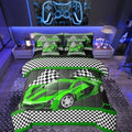 Feelyou Race Car King Comforter Set with Sheets for Kids Boys Black White Checkered Flag Print Bed in a Bag Extreme Sports Bedding Set 7 Piece Honeycomb Speed Sports Car Green Bed Set by Feelyou