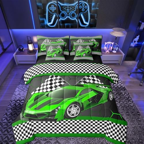 Feelyou Race Car King Comforter Set with Sheets for Kids Boys Black White Checkered Flag Print Bed in a Bag Extreme Sports Bedding Set 7 Piece Honeycomb Speed Sports Car Green Bed Set by Feelyou