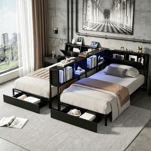Black Corner Bed with Drawers, Bookcase, Light & Charging Station,Twin/Twin - Image 4