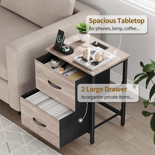 Vagusicc Nightstand with Charging Station, Bedside Table with USB Ports and Outlet, End Table Side Table with 2 Fabric Drawers for Bedroom, Living Room, Greige - Image 5
