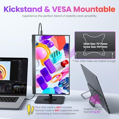 Upperizon Portable Monitor 15.6 inch FHD 87% sRGB 60Hz IPS HDR HDMI USB-C Travel Monitor for Laptop MacBook PC Surface PS5 Xbox, External Display with Kickstand & Speakers, VESA Compatible - Image 4