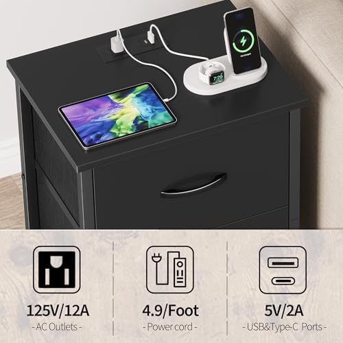 Vagusicc Nightstand Set of 2 with Charging Station, End Table Bedside Table with Power Outlet & USB Ports, Side Table with 2 Fabric Drawers for Bedroom, Living Room, Black - Image 4