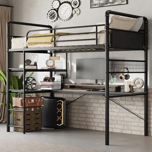 GarveeHome Loft Bunk Bed with L-Shaped Desk, Industrial Twin Loft Bed,Black by GarveeHome