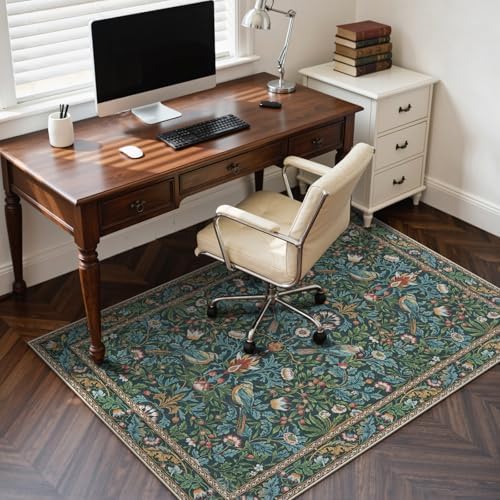 Anidaroel 48"x60" Office Chair Mat for Hardwood Floor, Anti-Slip Floor Mat for Office Chair, Vintage Floral Bird Desk Floor Mat, Low Plie Office Rugs for Rolling Chairs, Navy Blue by Anidaroel