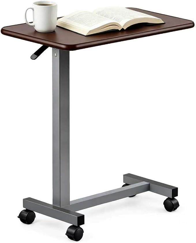 Adjustable Overbed Table with Wheels, Pneumatic Height Lift Rolling Bedside Table, Standing Desk for Home & Office Use, Ideal for Seniors & Limited Mobility(Walnut Brown) by Unknown