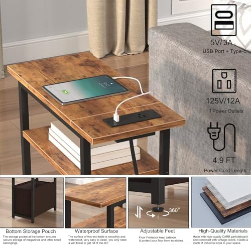 sthmec Narrow Side Table with Charging Station, Small End Table for Small Spaces, Skinny Nightstands with Storage Basket, 3 Tier Sofa Couch Bedside Tables for Living Room,Bedroom, Rustic Brown - Image 5