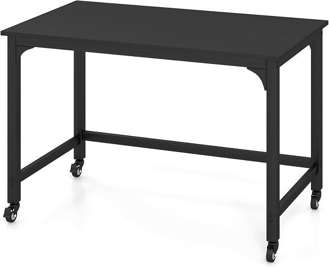 COSTWAY 48” Mobile Computer Desk, Home Office Desk on Wheels, Simple Study Writing Table with 4 Lockable Wheels, Metal Frame, Rolling Laptop PC Table for Small Space (Black) by COSTWAY