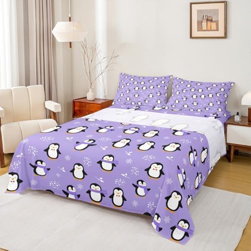 Penguin Bed Sheets Full Size Kawaii Penguin Sheet Set Antarctic Animal Fitted Sheet for Kids Boys Girls Teens Cartoon Cute Winter Theme Bedding Set Snowflake Pattern Flat Sheet Room Decor, Purple - Image 3