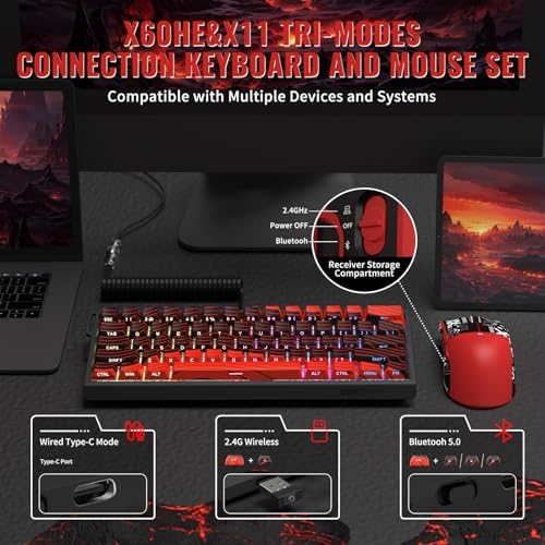 Attack Shark X11&X60HE Mechanical Wireless Gaming Combo,Rapid Trigger Magnetic Switches 8K Keyboard,59g Ultra-Light Mouse with Charging Dock, 22K DPI,PAW3311,RGB Backlit 3-Mode with Coiled Cable-Red - Image 5
