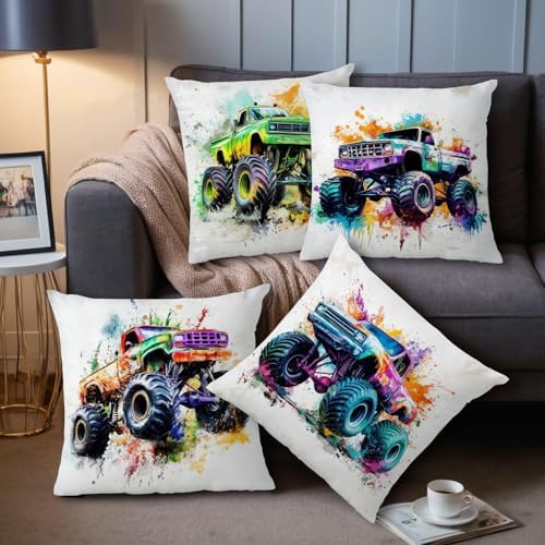 Toddler Freestyle Monster Truck Throw Pillow Cover 20x20 Set of 4, Off-Road Trucks Pillowcase for Sofa Living Room Bedroom Modern Soft Cushion Case Garden Outdoor Patio Furniture Home Decorations - Image 3