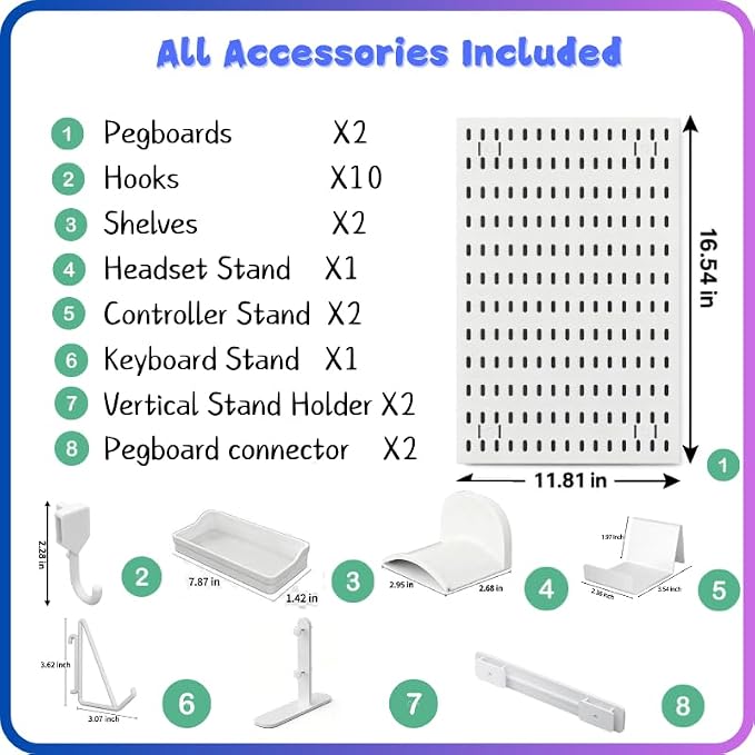 Gaming Desk Organizer, No-Drill Freestanding Desk Pegboard with Headphone Stand, Controller Holder, Keyboard Stand & Shelves, 5-in-1 Gaming Setup Accessories for Dorm Room & Home Office, White - Image 9