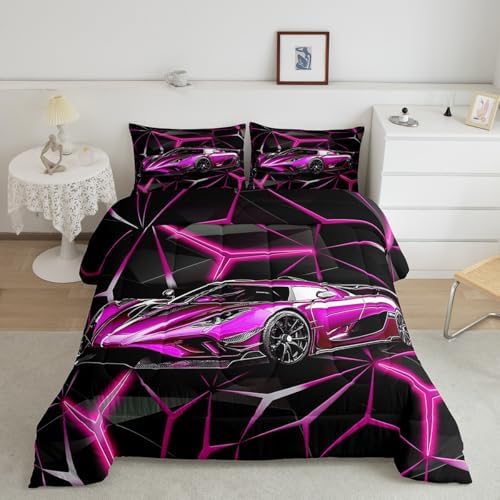 Feelyou Sports Car Comforter Set Full Size, Rose Pink Racing Car Bedding Set 3Pcs for Kids Boys Teens Bedroom Decor, Geometric Print Quilt Set with 2 Pillowcase by Feelyou