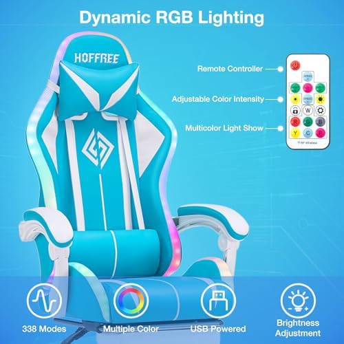 RGB Gaming Chair with Speakers Massage LED Lights Game Chairs-Sky Blue | Bluetooth Computer Gaming Chair with Footrest Video Game Chair for Adults Ergonomic High Back Gamer Chair with Lumbar Support - Image 5