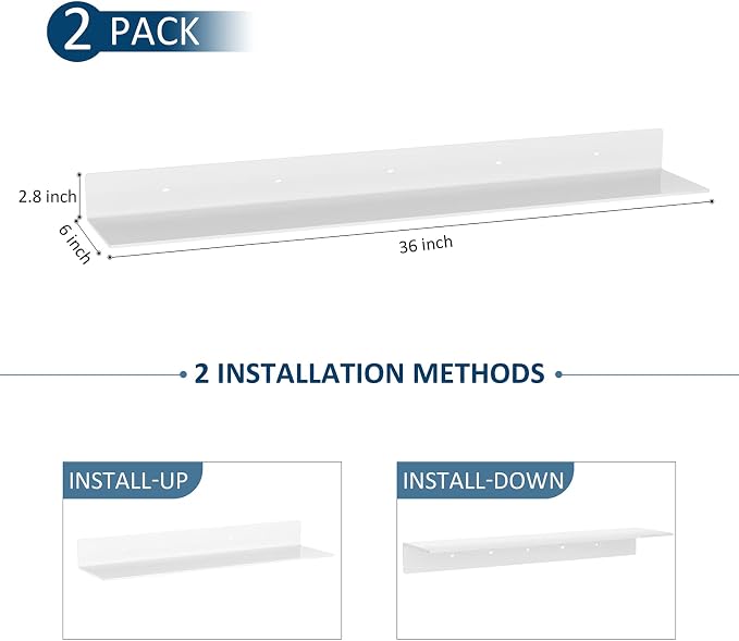 Sezanrpt 36 Inches Acrylic Wall Shelves 2 Pack, Floating Shelf for Wall Mounting, Acrylic Display Ledges for Funko Pop Figures, Home Décor, Living Room, Gaming Room, Plants(36 inch, White) - Image 3