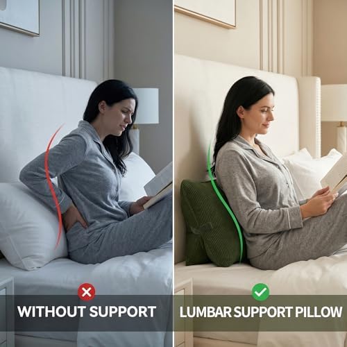 Pat. Pend. Corduroy Ergonomic Lumbar Support Pillow for Sitting Support, Triangle Back Cushion for Sofa, Armchair & Bed, Washable Cover, Avocado Green - Image 2