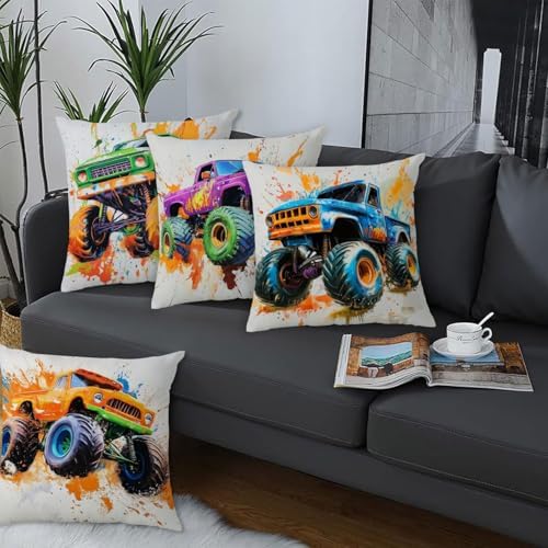 Watercolor Monster Truck Throw Pillow Cover 18x18 Inch,Set of 4 Kids Toddler Bedroom Decor,Abstract Cartoon Style Pillowcase for Sofa Vintage Hot Wheel Car Cushion Covers Boys Playroom Home Decoration - Image 2