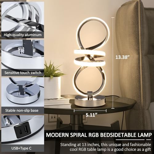 EIDISUNY RGB Spiral Table Lamp, Modern LED Table Lamp, Chrome Cool Bedside Lamps, 7 Colors & 10 Light Modes Touch Dimmable LED Nightstand Lamp with USB/Type C for Bedroom, Living Room,Silver - Image 4