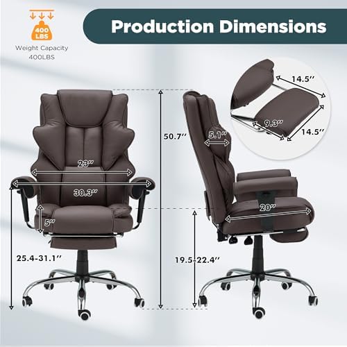 HOMREST Brown Ergonomic Office Chair | 6-Point Vibration Massage & Heat, Reclining Executive Chair, Adjustable Footrest and Armrests, PU Leather Big and Tall - Image 5
