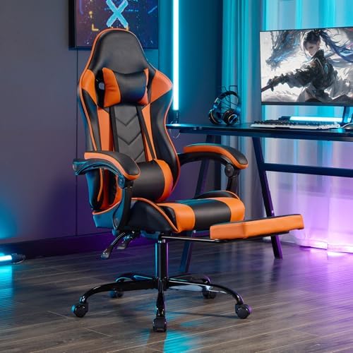 Leather Ergonomic Gaming Chair with Footrest, Comfy Orange Gaming Chair with Comfortable Headrest & Lumbar Support for Adults Women Men Boys Kids, 300 LBS Capacity (Black+Orange) - Image 2