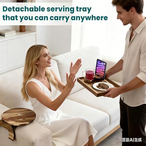360° Detachable Rotating Acacia Wood Sofa Arm Tray Table, Serving Tray Clip On Couch Armrest Table with Cup Holder & Phone Stand, TV Dinner Tray for Eating on Sofa, TV Trays Fits for Small Spaces - Image 2