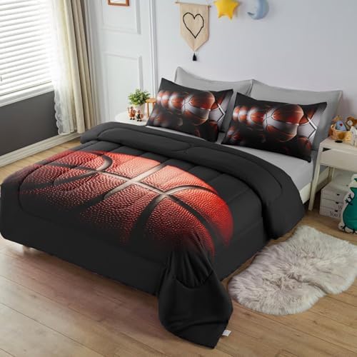 Teens Boys Sports Comforter Set Twin,Basketball Bedding Set for Kids,Sports Orange Basketball Comforter Sets,Black Teenage Boy Bedroom Bed Set 3 Pieces with Pillowcases - Image 4