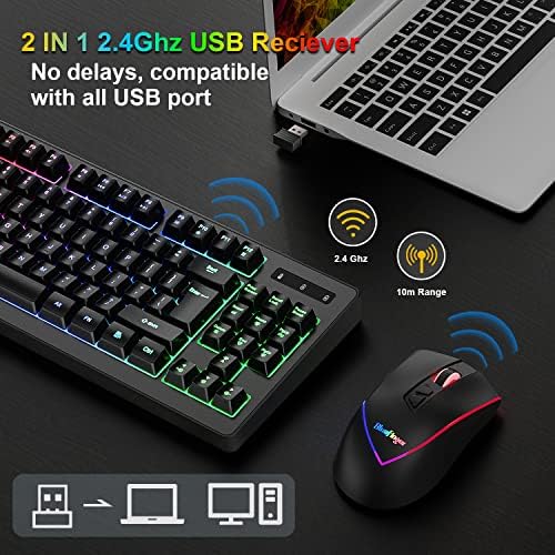 BlueFinger Wireless Keyboard and Mouse Combo, Long Lasting Rechargeable Battery 87 Keys RGB Rainbow Backlit Gaming Keyboard & Ergonomic Light Up Gaming Mouse for Mac Laptop Computer PC Gamer - Image 4