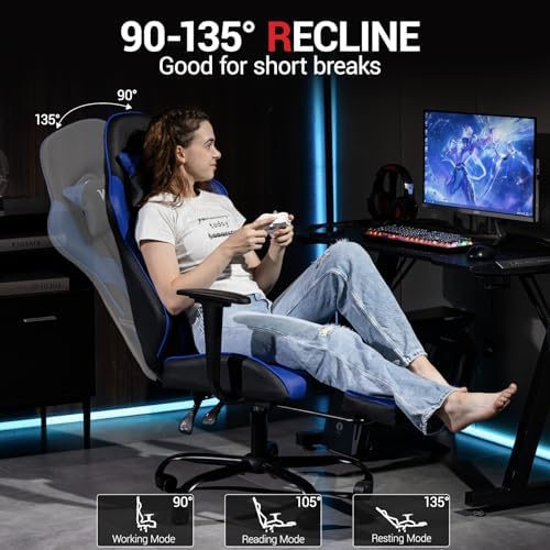 Gaming Chair with Footrest, Ergonomic PC Desk Chair with Headrest and Massage Lumbar Support, Video Game Chair with Height Adjustable High Back for Home Office, PU Leather, Blue - Image 5