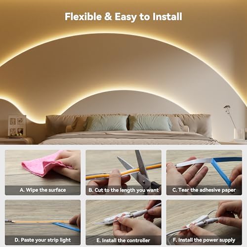 PAUTIX COB LED Strip Lights with RF Remote,32.8ft UL Listed Dotless LED Lights Warm White 2700K,Super Bright Dimmable 24V Adhesive LED Tape Light,Kitchen Cabinets Shelf Mirror Office Bedroom Lighting - Image 6