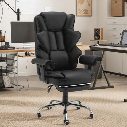 HOMREST Ergonomic Executive Chair with 6-Point Vibration & Heat, Reclining PU Leather Big & Tall Desk Chair, Retractable Footrest & Adjustable Armrest for Home Office Gaming Study, Black - Image 2