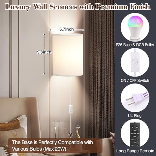 Plug in Wall Sconces Set of Two: Wall Lights with 7 RGB Colors - 3 Color Temperature Wall Mount Lamps with Remote - Fabric Linen Wall Sconc for Bedroom Living Room & Hallway- Indoor Corded Wall Sconce - Image 7