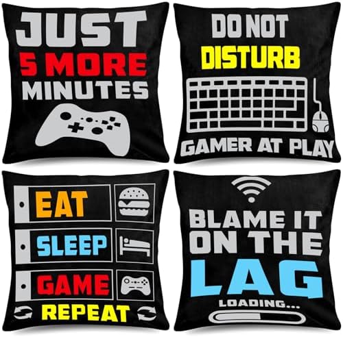Whaline 4 Pack Video Game Throw Pillow 16 x 16 Inch Gamer Controller Pillow Cover Gaming Throw Cushion Cover Gamepad Logo Pillowcases for Home Office Car Sofa Couch Living Room by Whaline
