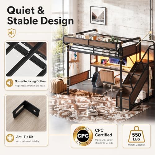 KEIKI Full Size Metal Loft Bed Frame with Storage Staircase, Desk, Black - Image 7