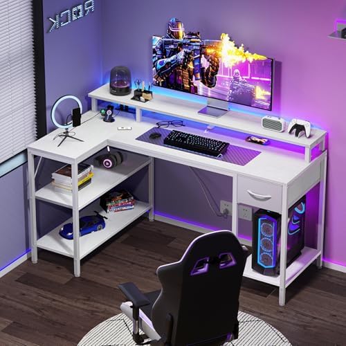 DUMOS 47 Inch Gaming Desk, Monitor Stand, LED Lights, Storage Shelves - Image 2