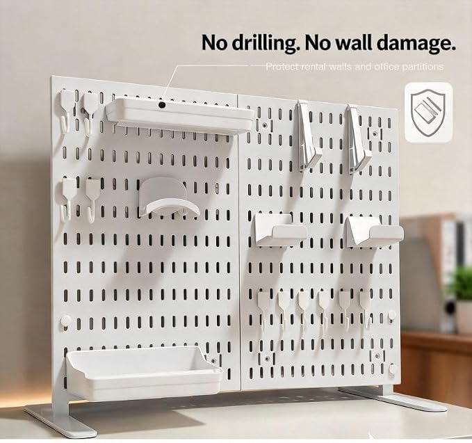 Gaming Desk Organizer, No-Drill Freestanding Desk Pegboard with Headphone Stand, Controller Holder, Keyboard Stand & Shelves, 5-in-1 Gaming Setup Accessories for Dorm Room & Home Office, White - Image 2