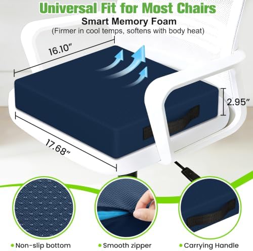 Seat Cushion for Office Chairs, Memory Foam Chair Cushion with Patterned Core for Even Support, Back, Tailbone & Sciatica Relief, Chair Pillow with Carry Handle for Car, Wheelchair(Blue) - Image 2