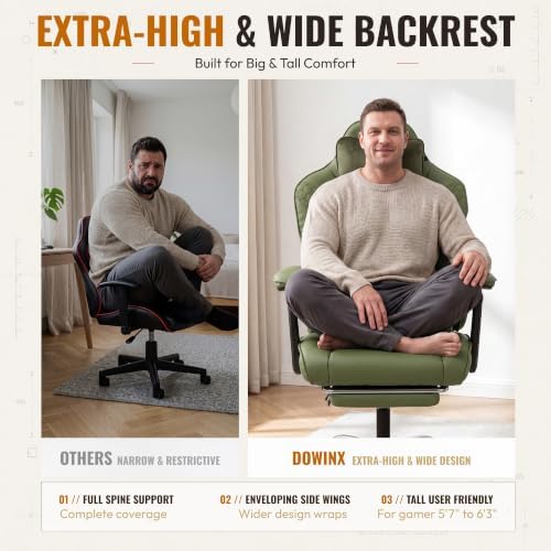 Dowinx Big and Tall Gaming Chair with Footrest for Home Office 500LBS Green | High Back Leather Office Chair, Extra-Wide & Thick-Padded Seat Cushion with Ergonomic Lumbar Support and Soft Linkage Armrest - Image 4