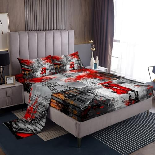 Red Paris Eiffel Tower Bed Sheets Queen Size, Paris Decor For Bedroom, French Style Couple Lover Flower Sheet For Girls Women Kids Fitted Sheet, Romantic Flat Sheet, 2 Pillowcases, Grey Black, 4Pcs by Erosebridal