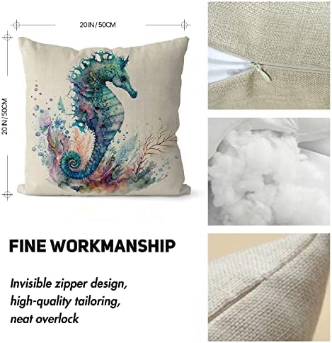 Beach Throw Pillow Covers 20x20" Set of 4, Ocean Theme Sea Turtle Seahorse Octopus Jellyfish Pillow Case Covers for Couch Sofa Bed Home Decor Square Pillowcase Coastal Outdoor Patio Furniture Cushions - Image 4