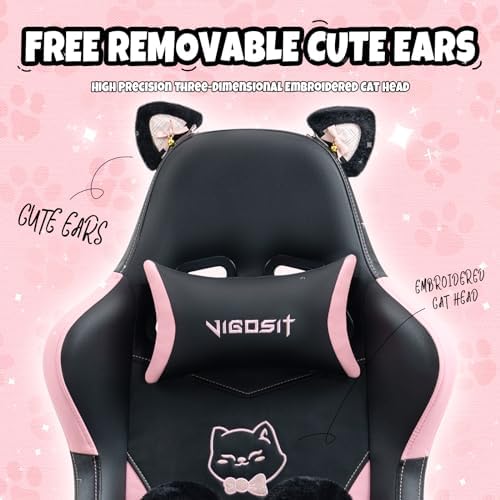 Vigosit Cat Ears Gaming Chair with 310lbs Capacity - PU Leather Ergonomic Reclining Office Chair, Adjustable Lumbar Support, 360° Swivel for Gamers Adults Kids, Black with Pink Accents - Image 6