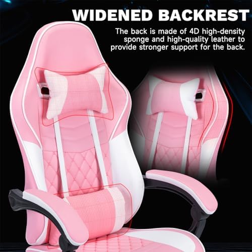 Gaming Desk Chair for Adults, Ergonomic Gaming Chair (Pink+White) | with Footrest & Headrest and Lumbar Support, Leather Material Height Adjustable computer Video Game Chairs - Image 5