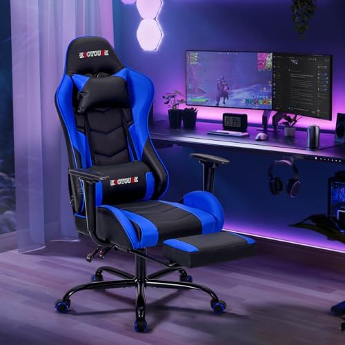 ECOTOUGE Blue Ergonomic PC Massage Gaming Chair with Footrest | Reclining Racing PU Leather, Swivel Rocker, Headrest, Lumbar Pillow, Office Desk Chair, Adjustable Height, Sturdy Base - Image 2