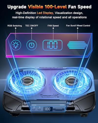 Upgraded Laptop Cooling Pad with Dual TEC Coolers & 2 Quiet Fans-RGB Laptop Cooler for 12-21in Laptops, Gaming Laptop Fan Cooling Pad Stand with Phone Holder, 100-Speed & 5-Height Adjustable, USB Port - Image 5