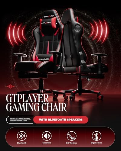 GTPLAYER Gaming Chair with Speakers, Video Game Chairs with Footrest, PC Game Chairs for Adults - Padded High Back Ergonomic Reclining Silla, Linkage Armrest, 909MF, Black-Red - Image 3