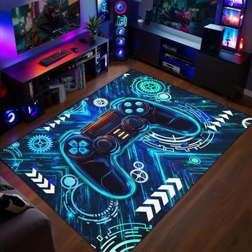 Gaming Rug for Boys Room - Gamer Rug, 5'X7' Cool Gaming Carpet for Teens Boys Bedroom Playroom Decor, Blue Game Controller Gaming Carpet for Office Computer Chair Floor Mats by WJLBKGU