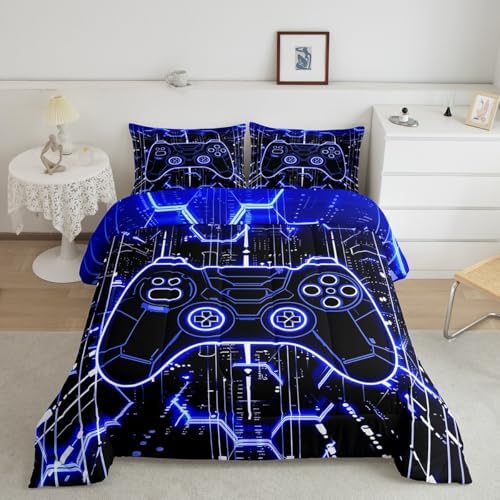 Feelyou Kids Blue Gamer Bedding Set King Size, Honeycomb Gaming Comforter Set Boys Girls Modern Game Console Comforter Gamepad Teens Duvet Set Bedroom Decor Bed Set 3Pcs - Image 2