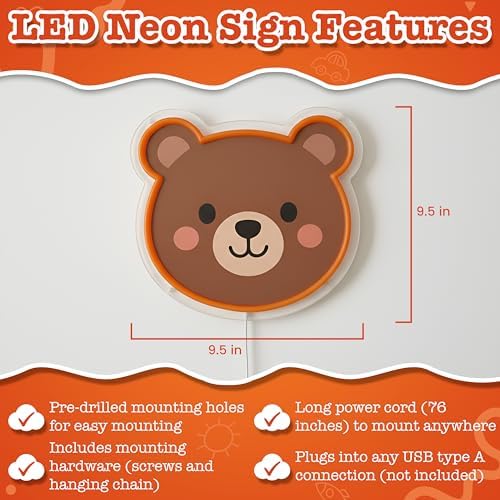 Cute Bear LED Neon Sign with Dimmable Night Light for Bedroom, Play Room, Kids Room, Nursery, Wall Decor and Birthday and Christmas Gift USB Connection - Image 5