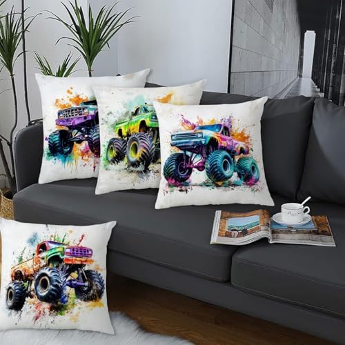 Boys Bedroom Cool Monster Truck Pillow Cover 18x18 Set of 4, Hot Wheel Vehicle Throw Pillow Cover Sofa Couch Bedding Decorative Soft Trucks Cushion Case Toddler Kids Playroom Cave Home Decoration - Image 2