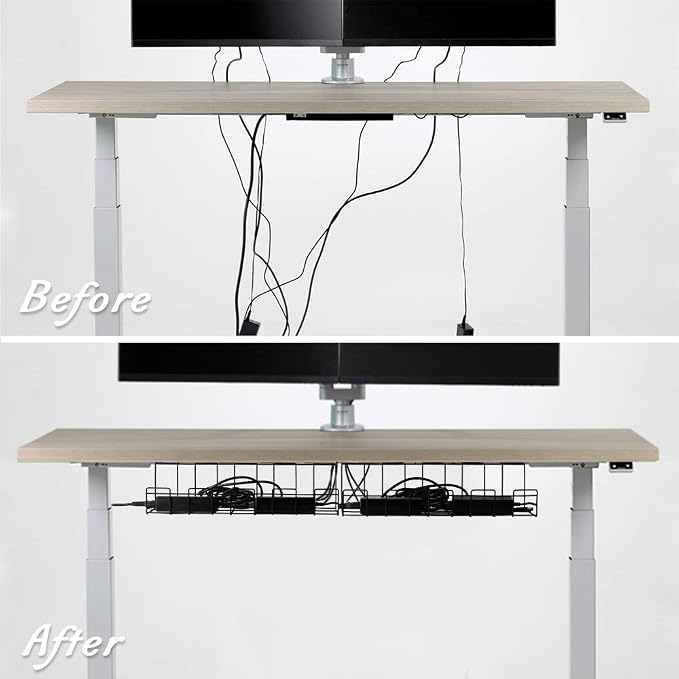 2 Packs Cable Management Tray, 16" Under Desk Organizer for Wire Organization, Metal Holder for Desktop Computer Home Office Kitchen Workstation to Cover and Hide Power Strips (Black) - Image 2